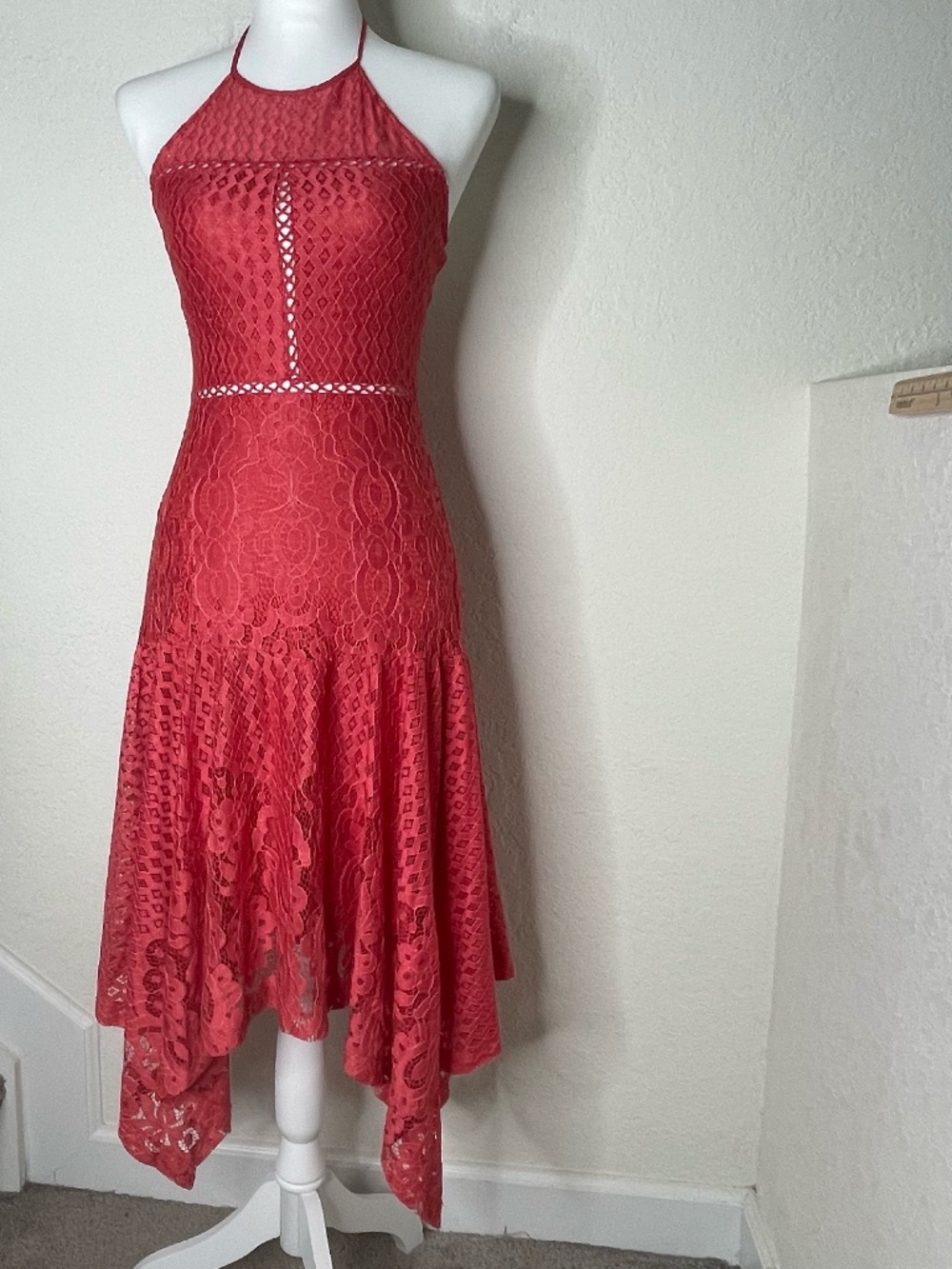Parker XS Coral Red Lace Halter Dress Fit Flare Handkerchief Hem Cocktail